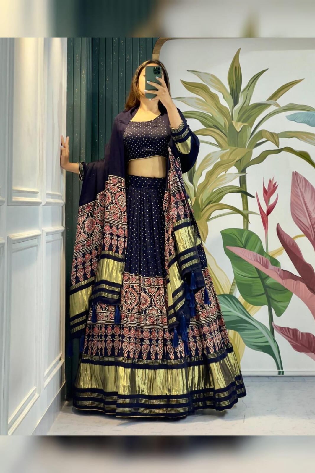 Modal Authentic Hand Blocked Ajrakh work Navratri Special Chaniya Choli